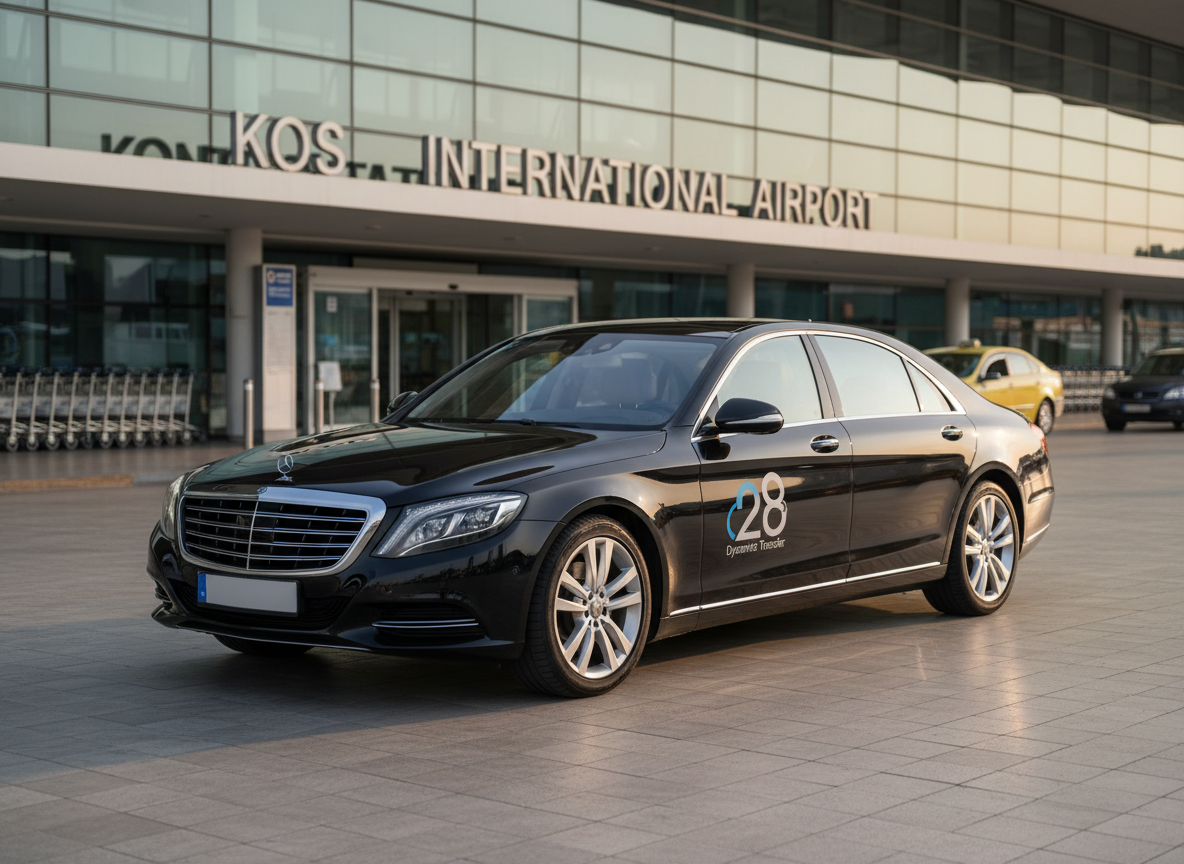 A sleek, late-model black transfer sedan with subtle metallic reflections is parked neatly outside the main entrance of Kos International Airport. The vehicle’s polished surface mirrors the glass façade and soft signage of the terminal, with a discreet “28 Dynamic Transfer” logo visible on the door. Warm late-afternoon sunlight washes across the scene, creating gentle highlights on the car’s curves and soft shadows on the light stone pavement. Photographic realism with a clean, modern aesthetic, shot from a slightly elevated three-quarter angle, emphasizing reliability and professionalism. The background is softly blurred, suggesting movement of luggage trolleys and distant taxis without showing any people, creating a calm yet dynamic travel atmosphere.