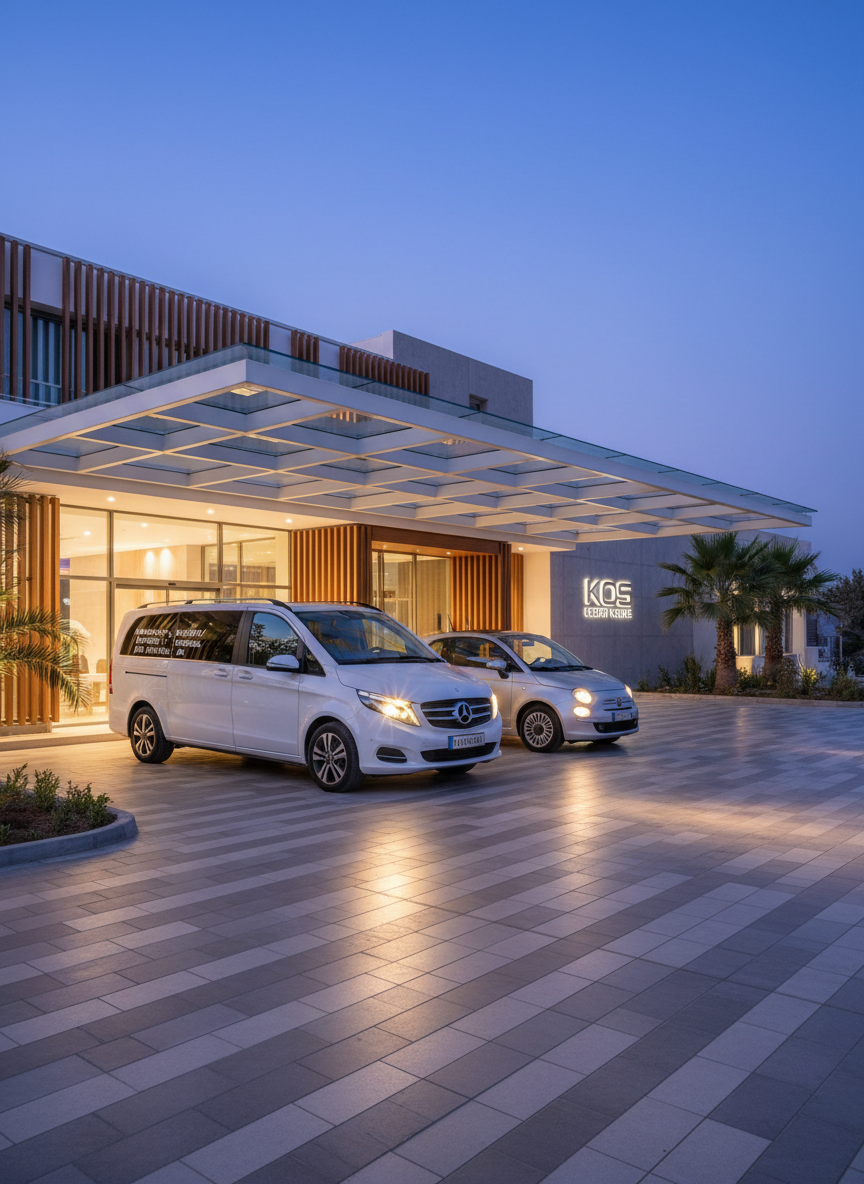 A bright, modern hotel entrance on Kos Island at blue hour, with a gleaming transfer minivan and a compact rental car parked side by side beneath a minimalist canopy. The vehicles’ headlights and subtle LED running lights glow warmly against the cool twilight sky, reflecting on the smooth tiled driveway. Discreet decals indicate airport, port, and Zia village routes in English, Italian, and Greek typography. Soft ambient lighting from the hotel façade creates a welcoming, high-end feel. Captured in photographic realism at eye level with a wide-angle lens, the composition uses leading lines from the driveway towards the vehicles, suggesting efficient, 24/7 service and hassle-free arrivals and departures, with no human figures visible.
