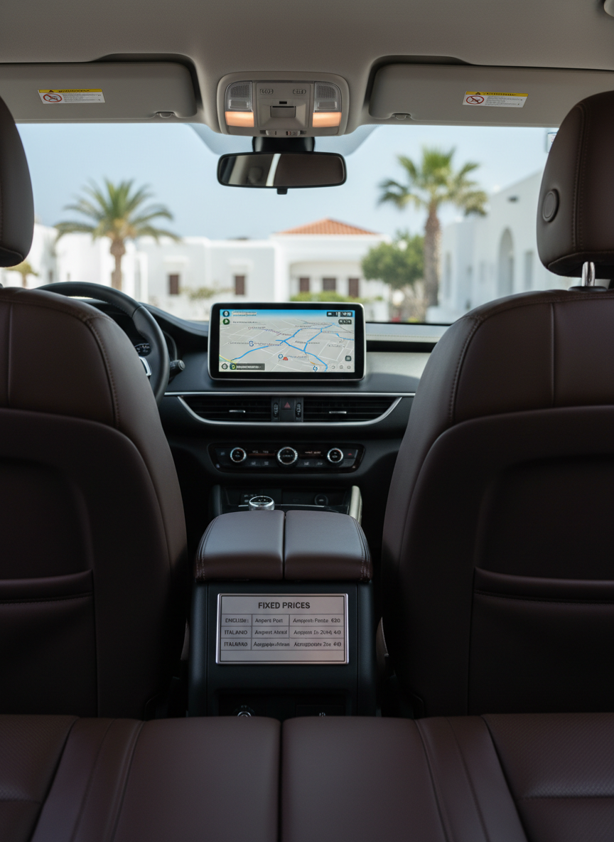 Inside a spotless, modern transfer vehicle cabin on Kos Island, the focus is on the luxurious details: dark leather seats with precise stitching, a clean dashboard with a bright navigation screen showing routes between the airport, port, hotels, and Zia village, and a small placard listing fixed prices in English, Italian, and Greek. Soft, diffused daylight filters through the windows, creating gentle highlights on chrome accents and matte plastic surfaces. The background outside the windows is subtly blurred, hinting at Mediterranean architecture and palm trees. Shot in photographic realism from the back seat looking forward, with a shallow depth of field that emphasizes comfort, clarity of information, and a calm, secure travel experience.