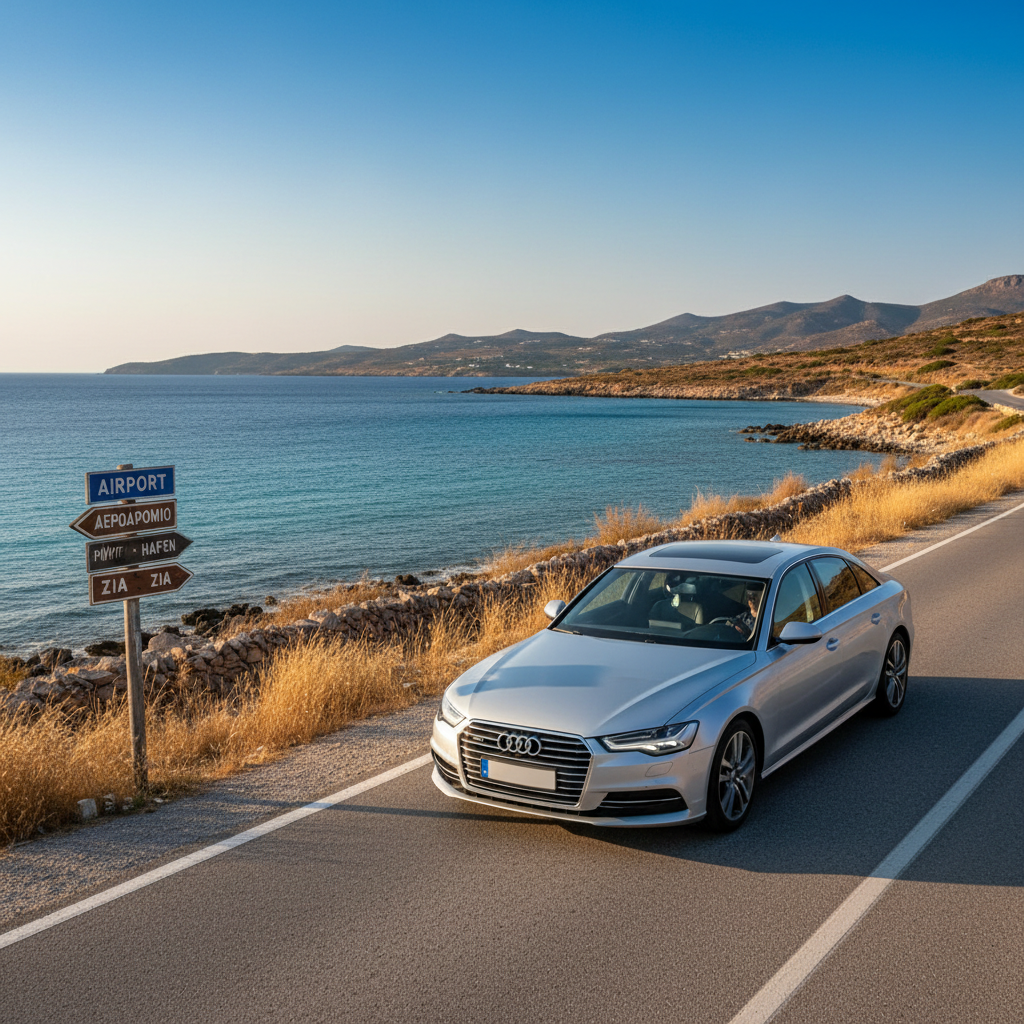 A sunlit coastal road on Kos Island curves gently along the turquoise Aegean Sea, with a silver transfer sedan driving toward the viewer, motion subtly implied by slight wheel blur. The car’s windows are clear yet reflect the deep blue sky and rugged island hills. Roadside signs indicate directions to the airport, port, and Zia village in multiple languages. Golden hour light casts long, soft shadows across the asphalt and highlights the texture of the surrounding dry grasses and stone walls. Photographic realism with vibrant but natural colors, shot from a low front three-quarter angle, conveys freedom, reliability, and scenic island exploration without any people, just pure landscape and vehicle harmony.